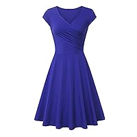 Women Ruched Wrap V-Neck Cap Sleeve A-Line Dresses Summer Slim Mid Waist Pleated Hem Fashion Plain Swing Mini Dress