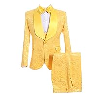 Mens Golden Shawl Lapel Embossed Fabric Wedding Suits (Jacket+Vest+Pants+Bowtie)