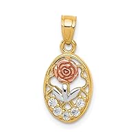 10k Two Tone Gold and White Rhodium Plated Cubic Zirconia Rose Charm Pendant Fine Jewelry For Women Gifts For Her