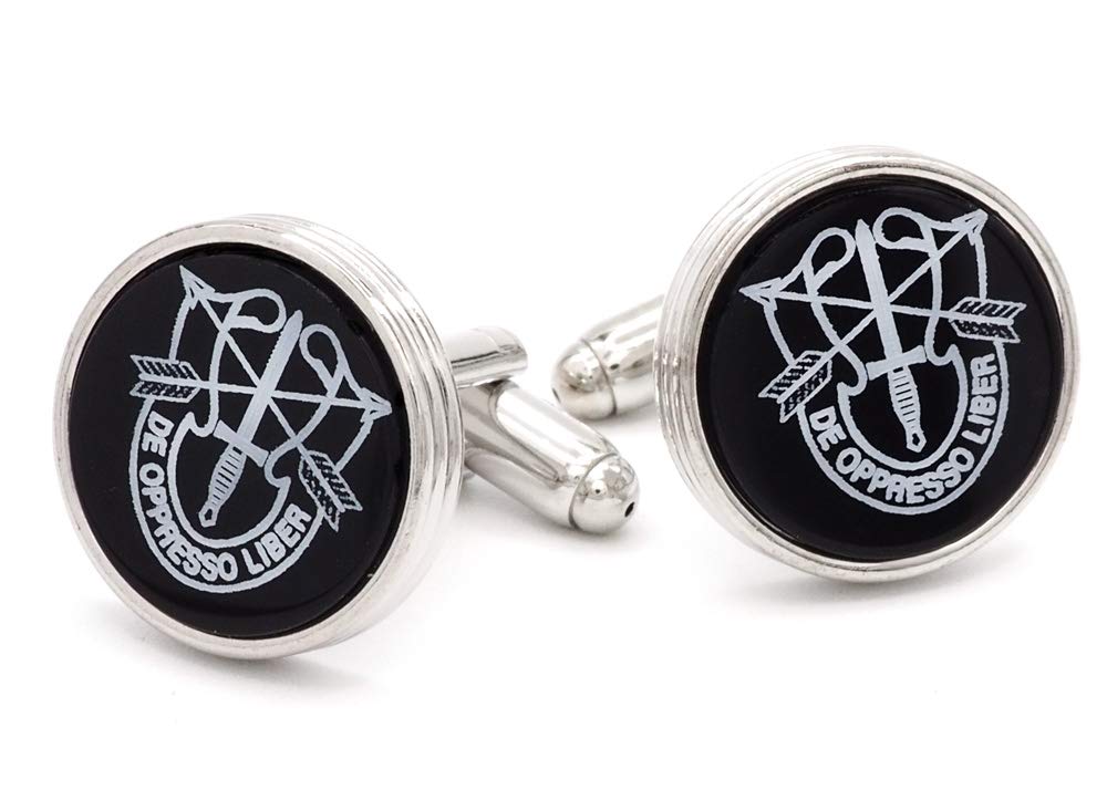 JJ Weston Cufflinks with Onyx Engraved with the Special Forces Green Beret Emblem. Made in the USA
