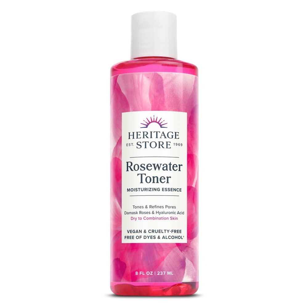 Heritage Store Rosewater Facial Toner with Hyaluronic Acid, Dry to Combination Skin Care, Hydrating Toner Refines Pores & Minimizes The Appearance of Fine Lines & Wrinkles, Alcohol Freeǂ, Vegan, 8oz