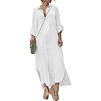 Womens Cotton Linen Button Down Long Shirt Dress Casual Plus Size 3/4 Rolled-Up Sleeve Side Split Maxi Shirt Dress