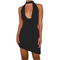 Women Sexy Plunge U Neck Ruched High Waist Halter Dress Summer Lace-Up Backless Fashion Bodycon Solid Mini Dresses