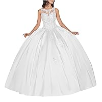 Women's Sleeveless Rhinestone Quinceanera Dress Sheer Neck Satin Prom Formal Dress