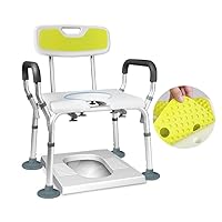 Shower Chair for Elderly Heavy Duty U-Shaped Cutout, Shower Seat Height Adjustable, Adults and Disabled Aid Commode Seat with Arms and Back Mat, Bath Lift Toilet Chair 150Kg,White a