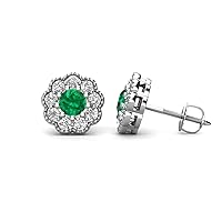 Round Emerald Natural Diamond 7/8 ctw Women Milgrain Halo Stud Earrings 10K Gold