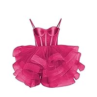 Glitter Tulle Short Prom Dresses Spaghetti Straps Satin Tiered Homecoming Dresses for Teens Corset Formal Cocktail Gown