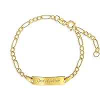 14k Yellow Gold Unisex Adjustable Kids ID Bracelet with Engravable Identification Tag - Cute Figaro Link Chain Rectangular Name Plate Bracelets for Babies & Children - Small ID Bracelet