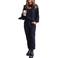 Womens 2 Piece Sweatsuit Outfits Long Sleeve Cutout Hoodies and Drawstring Pants Tracksuit Lounge Set with Pockets