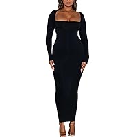 Women's Long Sleeve Bodycon Dress Square Neck Maxi Club Party Fall Long Tight Dresses