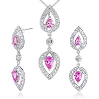 PEORA Sterling Silver Created Pink Sapphire 6-Stone Pendant Earrings Necklace Jewelry Set, Teardrop Pear Shape, with 18 inch Italian Chain