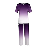 Scrub Tops Women Short Sleeve V-neck Tops+Pants Working Set Suit Loose Casual Scrub Top and Long Pants Tracksuit