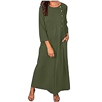 Dresses for Curvy Women Women's Summer Cotton Linen Long Dresses 3/4 Sleeve Casual Dress Fashion Summer Pocket Sundress Button Maxi Dresses Vestidos De Verano para Army Green