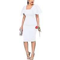 Cocktail Midi Dress for Women Ruffle Vintage Summer Short Sleeve Ruched Office Work Party Pencil Sheath Dress