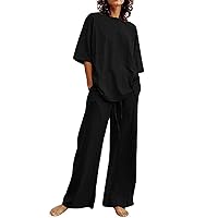 Summer Outfits for Women 2 Piece Cotton Linen Set Boyfriend Oversized T-Shirts Straight Leg Pant Plus Size Tracksuit