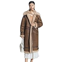Womens Shearling Jacket Mid-Length Sheepskin Coat Brown Leather Jacket