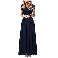 Graduation Dress for Women Lace Cap Sleeve V Neck Empire Waist Slim Fit Pleated Fit and Flare Elegant Prom Ball Gowns