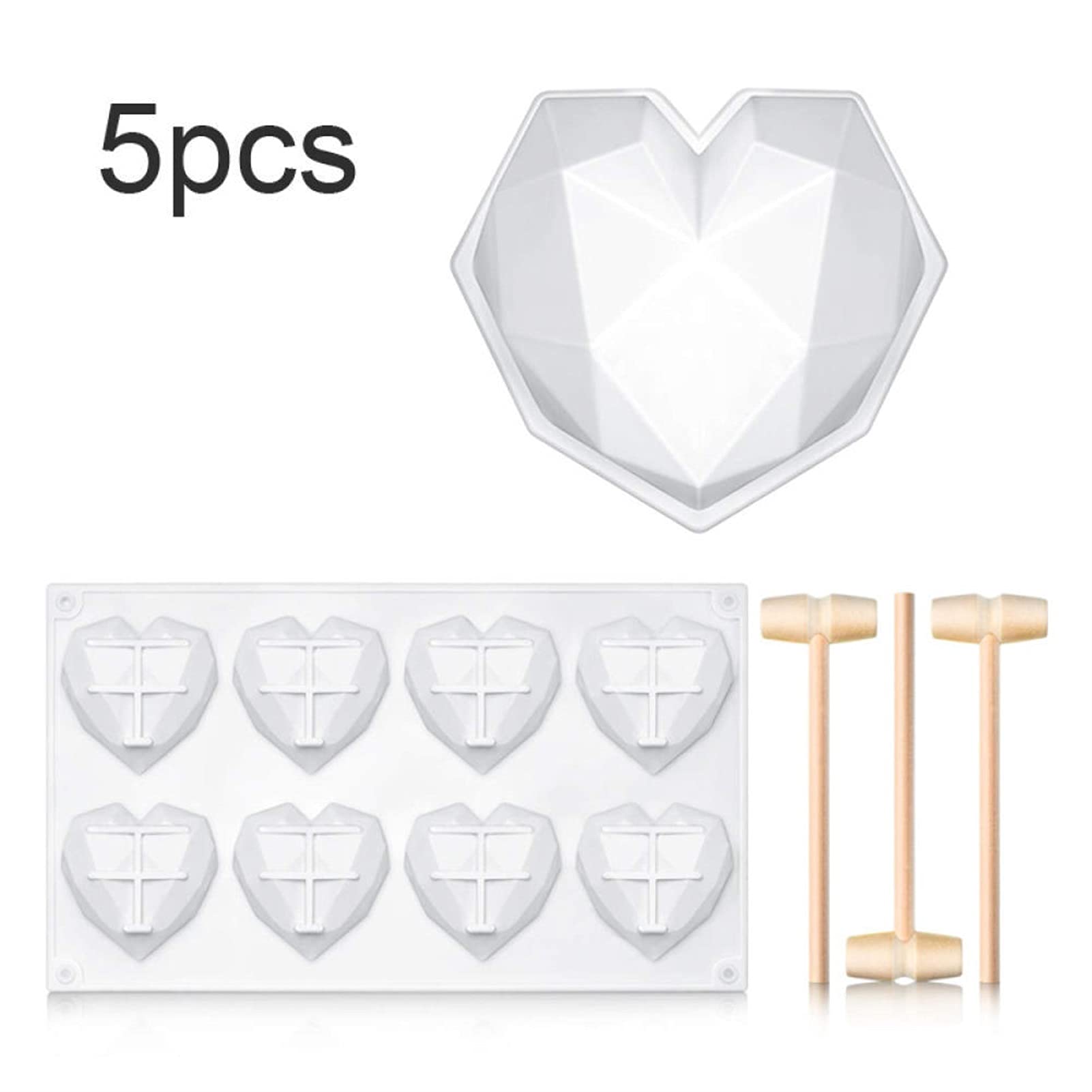 SRLIWHITE Heart Chocolate Mould 3D Heart Love Shape Silicone Cake Mould with Wooden Hammers Mallet Baking Accessories (Color : 5pc Set)