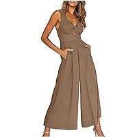 Women's Cut Out Jumpsuit High Waist Dressy Rompers Solid Sexy Trendy Wide Leg Jumpsuits Smocked Flowy Long Pants