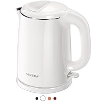 Secura Stainless Steel Double Wall Electric Kettle Water Heater for Tea Coffee w/Auto Shut-Off and Boil-Dry Protection, 1.0L (White)