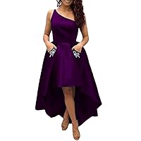 Women's One Shoulder Homecoming Dresses Satin Short Prom Formal Gowns with Pockets for Junior