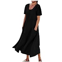 Linen Dress for Women Summer Sleeveless Vacation Sundresses Casual Loose Baggy Plain Maxi Beach Dresses with Pockets