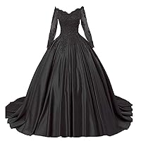 Women's Ball Gowns Satin Prom Dresses Lace Applique Long Sleeves Quinceanera Dress