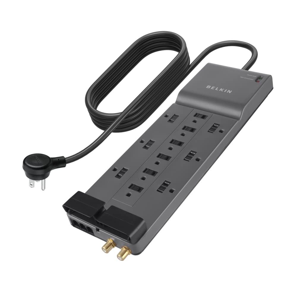 Belkin Power Strip Surge Protector - 12 AC Multiple Outlets & 8 ft Long Flat Plug Heavy Duty Extension Cord for Home, Office, Travel, Computer Desktop, Laptop & Phone Charging Brick (3,940 Joules)