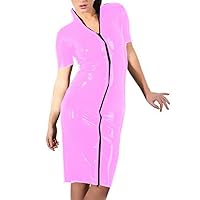 23 Colors Lady Zipper Short Sleeve Clubwear Wetlook PVC Slim Dress (Pink,6XL)