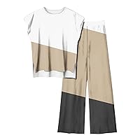 Plus Size Womens Color Block 2 Piece Sets Summer Loungewear Outfit Cap Sleeve High-Low Hem Tops and Wide Leg Pants