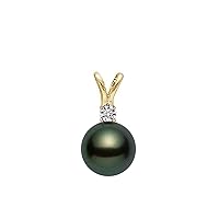 14k Yellow Gold AAAA Quality Black Green Japanese Akoya Cultured Pearl Diamond Pendant for Women