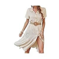 Women's Casual Dresses Casual T Shirt Dress V-Neck Button Down Short Sleeve Party (Color : Apricot, Size : Large)