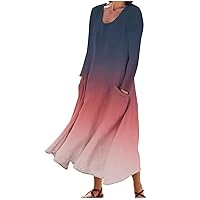 Gradient Linen Dress for Women Summer Long Sleeves Flowy Maxi Dresses Gown Roundneck Floral Striped Dress Pocket