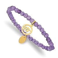 Chisel Stainless Steel Polished Yellow Ip Plated Eye Of Horus 4mm Purple Jade Beaded Stretch Bracelet Jewelry for Women
