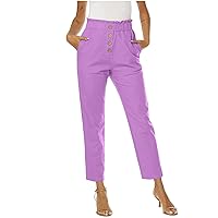 Womens Cropped Pants Slim Fit Casual Comfy Cropped Work Pants Elastic High Waist Paper Bag Pants with Pockets