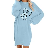 Crewneck Plush Sweater Dress for Women Heart Print Fuzzy Knit Tunic Dresses Trendy Cozy Lantern Sleeve Midi Dress