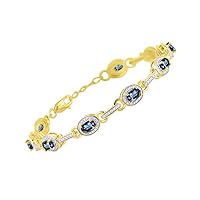 Tennis Bracelet with Gemstones & Diamond Halo Yellow Gold Plated Silver 925 - Adjustable 7-8