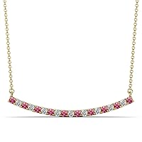 Round Pink Tourmaline Diamond 1/2 ctw Womens Curved Bar Pendant Necklace 16 Inches 14K Gold Chain