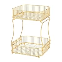 2 Tier Gold Countertop Fruit Basket Bowl for Kitchen Metal Wire Storage Rack Fruits Stand Holder Organizer for Bread Snack Veggies (A)