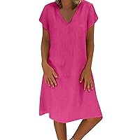 Plus Size Cotton Linen Dress for Women Summer Loose Fit Short Sleeve Tshirt Dress Solid V Neck Knee Length Dress