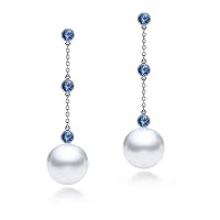 14k White Gold AAAA Quality Japanese Akoya Cultured Pearl Blue Sapphire Dangle Earrings for Women - PremiumPearl