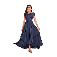 TORYEMY Short Sleeve Mother of The Bride Dresses Lace Long Chiffon Ruffle Formal Evening Dresses for Wedding