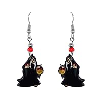 Spooky Witch Earrings Halloween Themed Graphic Dangles - Womens Girls Unisex Fashion Handmade Jewelry Fall Holiday Accessories