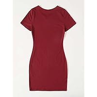 Fall Dresses for Women 2023 Letter Graphic Notch Neck Bodycon Dress Dresses for Women (Color : Burgundy, Size : X-Small)