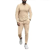Slim Fit Suits for Men, Mens Fall Winter Casual Two Piece Zip Collar Shirt Drawstring Long Sleeve Pocket Pant Set