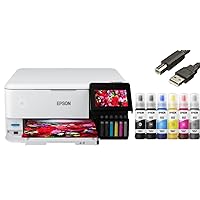 Epson EcoTank Photo ET-8500 All-in-One Wireless Color Supertank Printer with Scanner and Copier - Print Scan Copy Fax- Auto 2-Sided Printing - White-Bundle with Ahaghug Printer Cable.