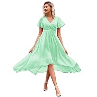 Short Bridesmaid Dresses for Women V Neck Pleated Chiffon High Low Formal Dress for Evening Party with Pockets