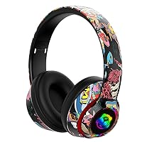 Bluetooth Unusual Graffiti LED Light-Emitting Head Mounted Headset Gaming Earphone for Kids Teens Adults Over-Ear Ear Headphones Built in Microphone Compatible iOS Android, Black