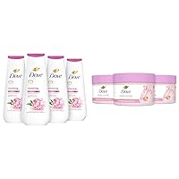 Dove Body Wash 4 Count Renewing Peony and Rose Oil and Body Scrub 3 Count Himalayan Salt & Rose Oil