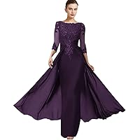 2023 Mother of The Bride Dress Elegant Jewel Neck Chiffon Lace 3/4 Sleeves Mermaid Wedding Guest Gown with Overskirt